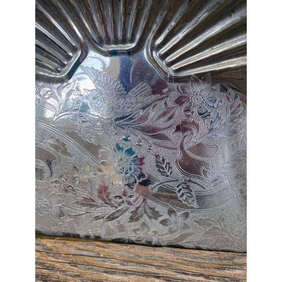 Antique Crumb Pan Tray Clam Shells Etched Bluebird flowers - Picture 9 of 16